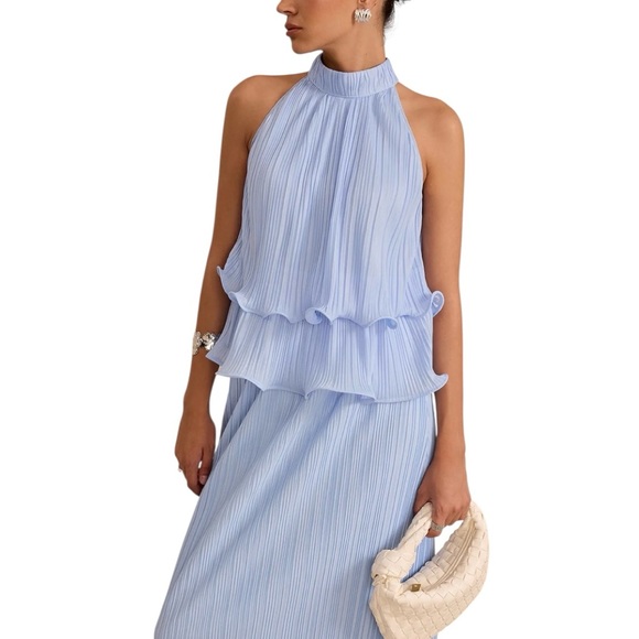 Commense Light Blue Two Piece Set NWT XS Light Blue Top & Midi Skirt Pleated - Picture 2 of 14